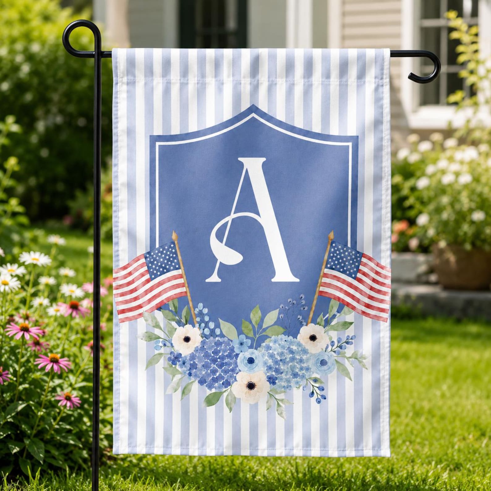 Personalized Monogram Patriotic Garden Flag, Custom Initial Blue Floral Yard Flag