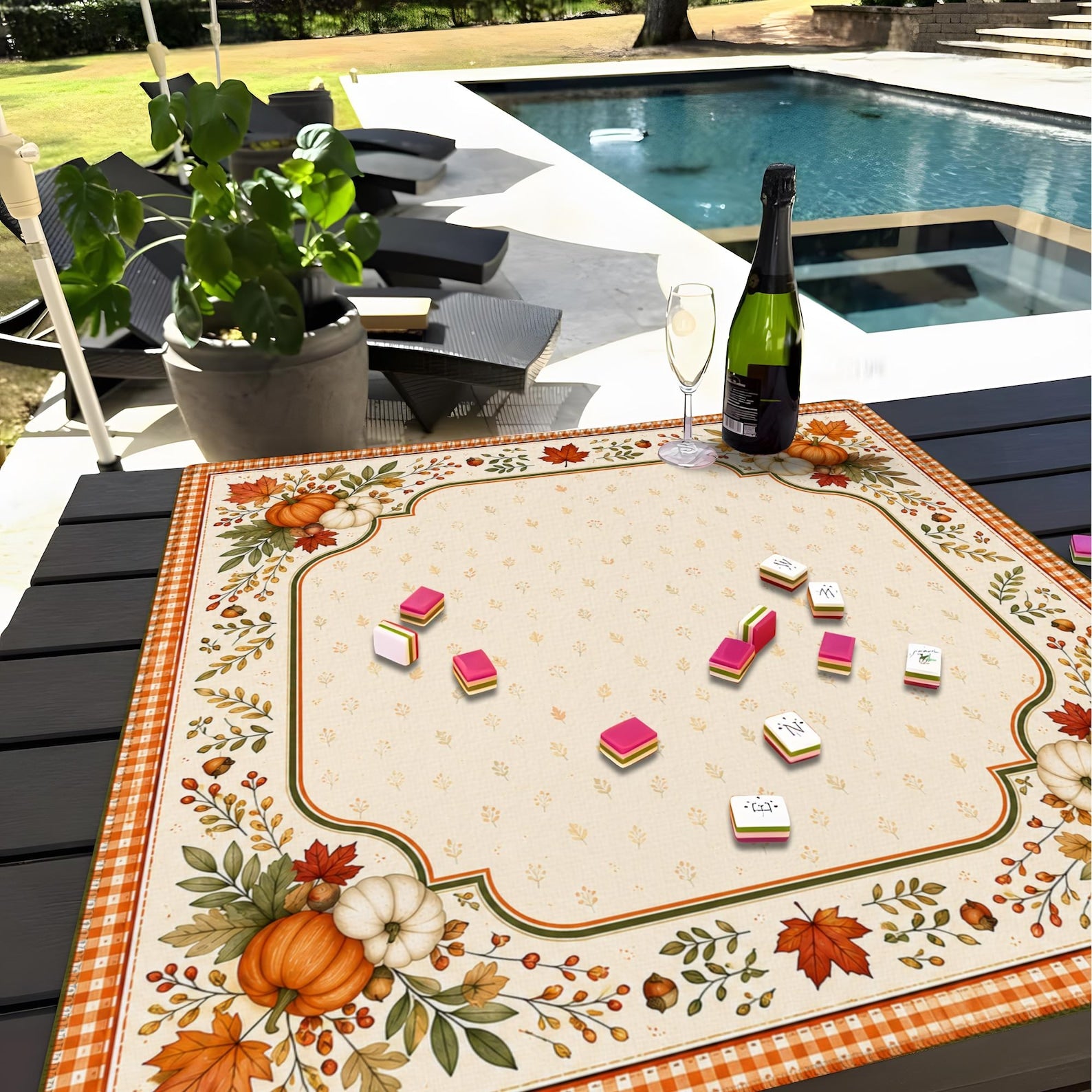 Classic Fall Pumpkin Mahjong Mat, Orange Gingham Table Runner, Autumn Harvest Game Pad