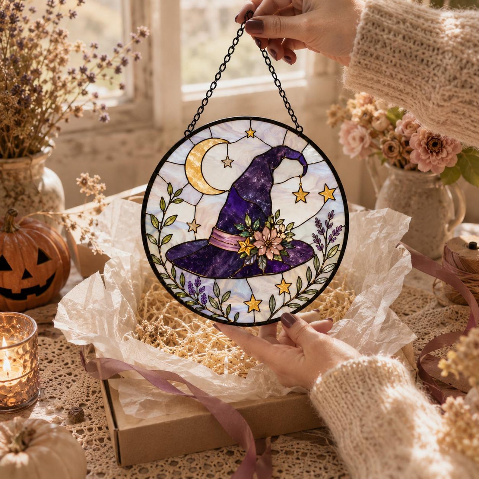 Witch Hat Suncatcher, Halloween Window Hanging for Witchy Decor Lovers, Purple Stained Glass Style Gift