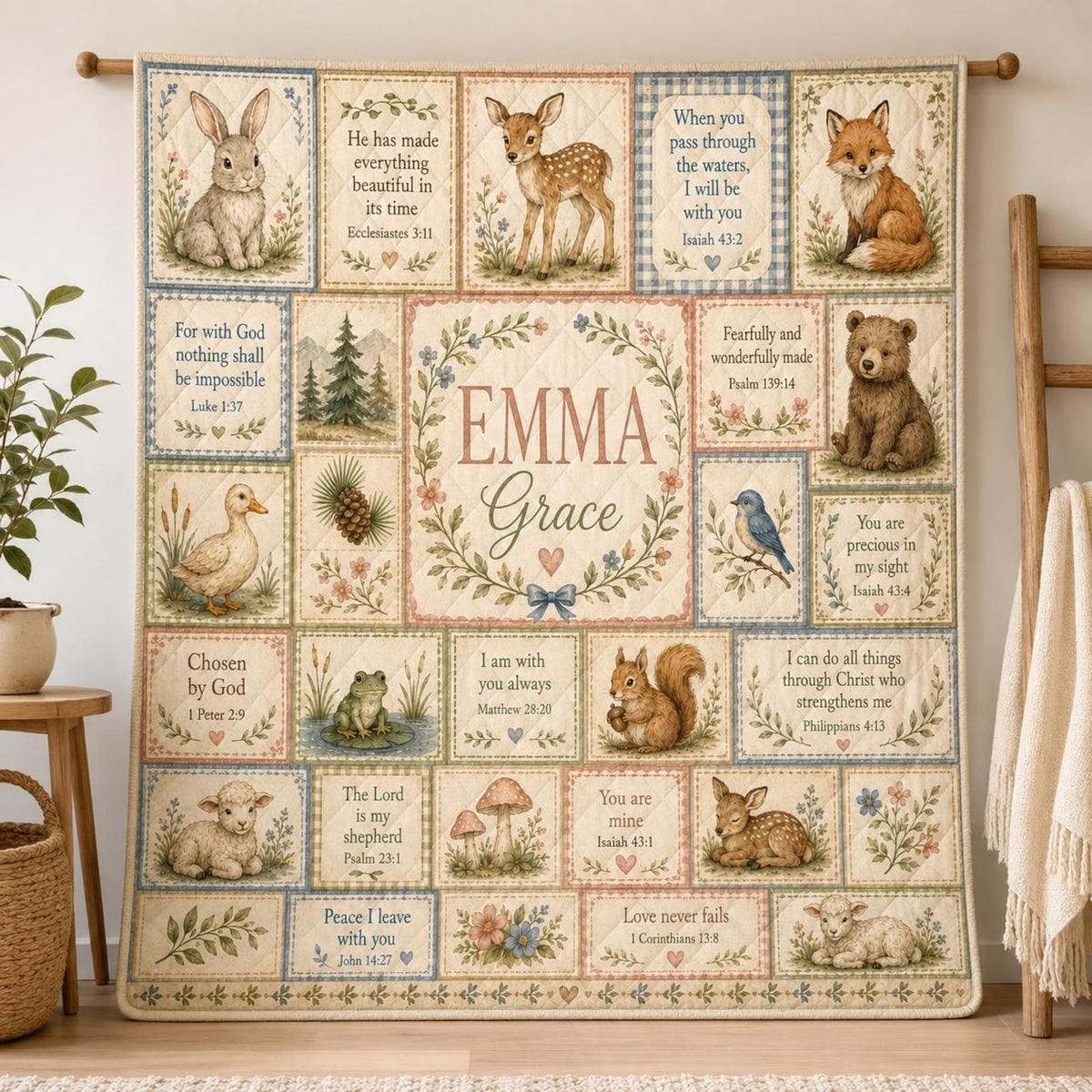 Personalized Christian Baby Quilt Blanket, Custom Name Woodland Bible Verse Nursery Gift
