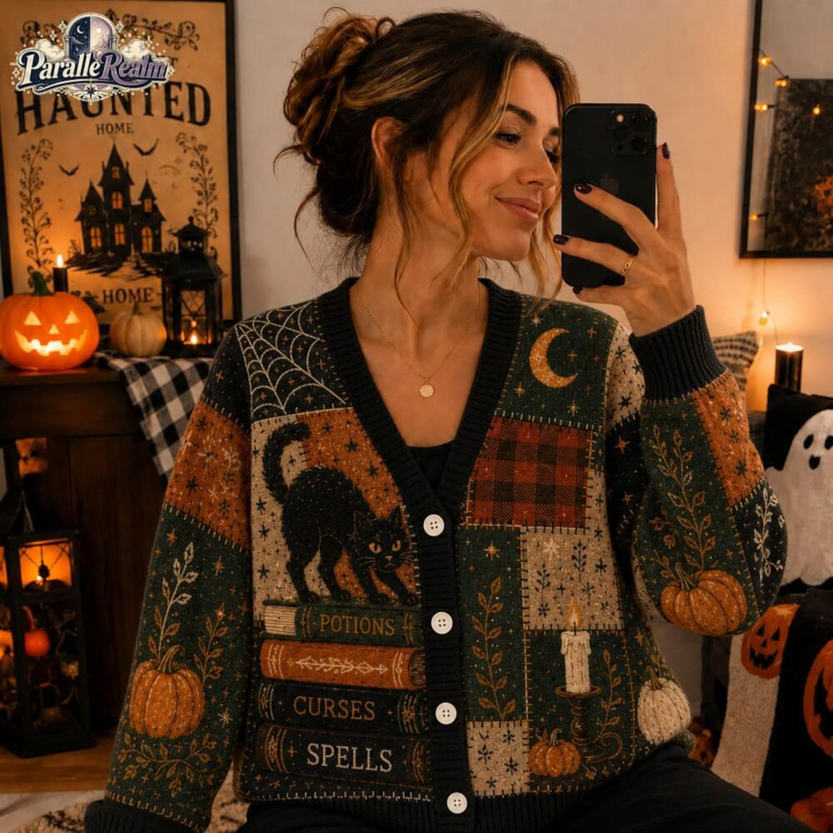 Vintage Witchy Black Cat Cardigan, Halloween Patchwork Sweater, Fall Pumpkin Patch Knit, Spooky Gift