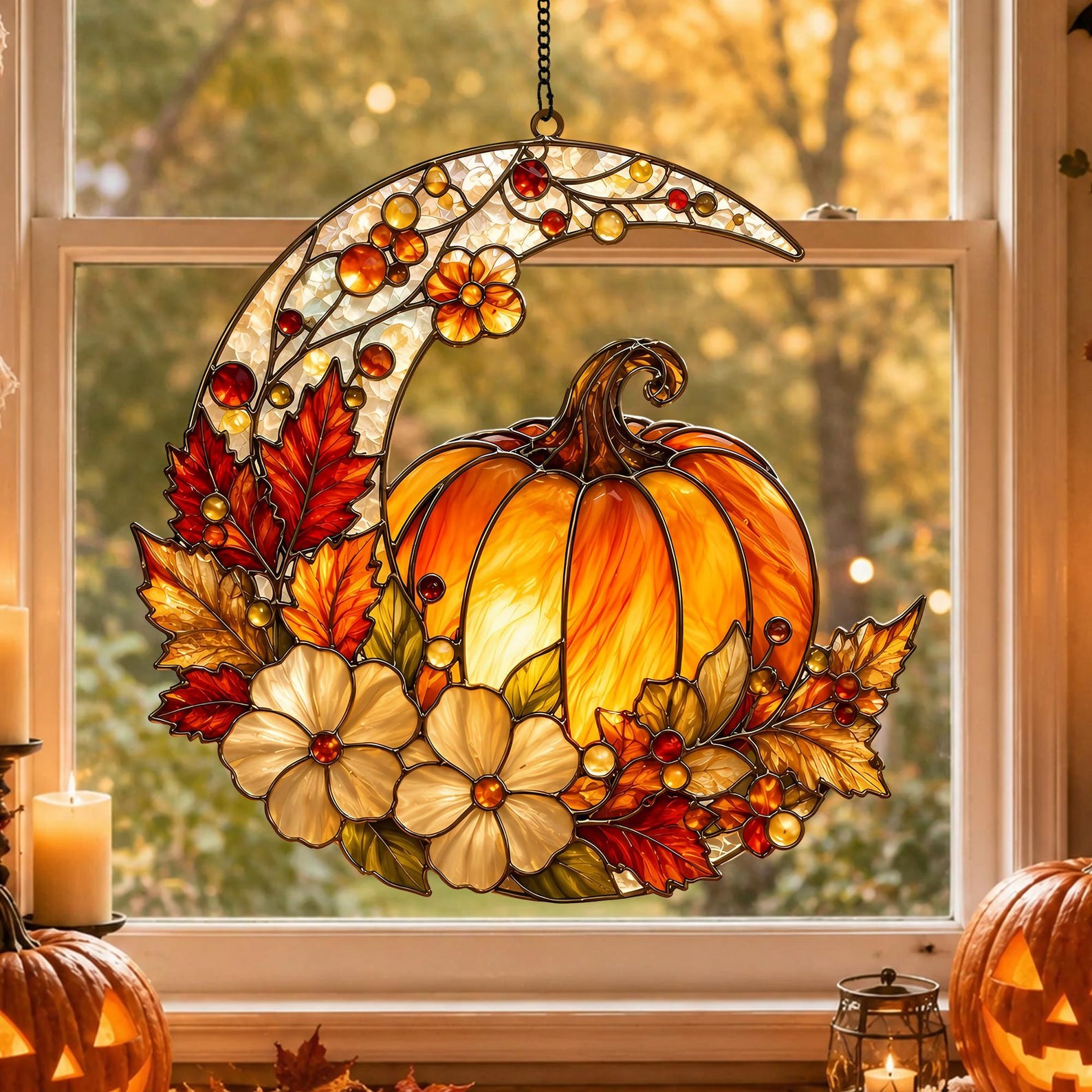 Harvest Moon Pumpkin Halloween Stained Glass Suncatcher, Autumn Maple Leaf Window Hanging Gift