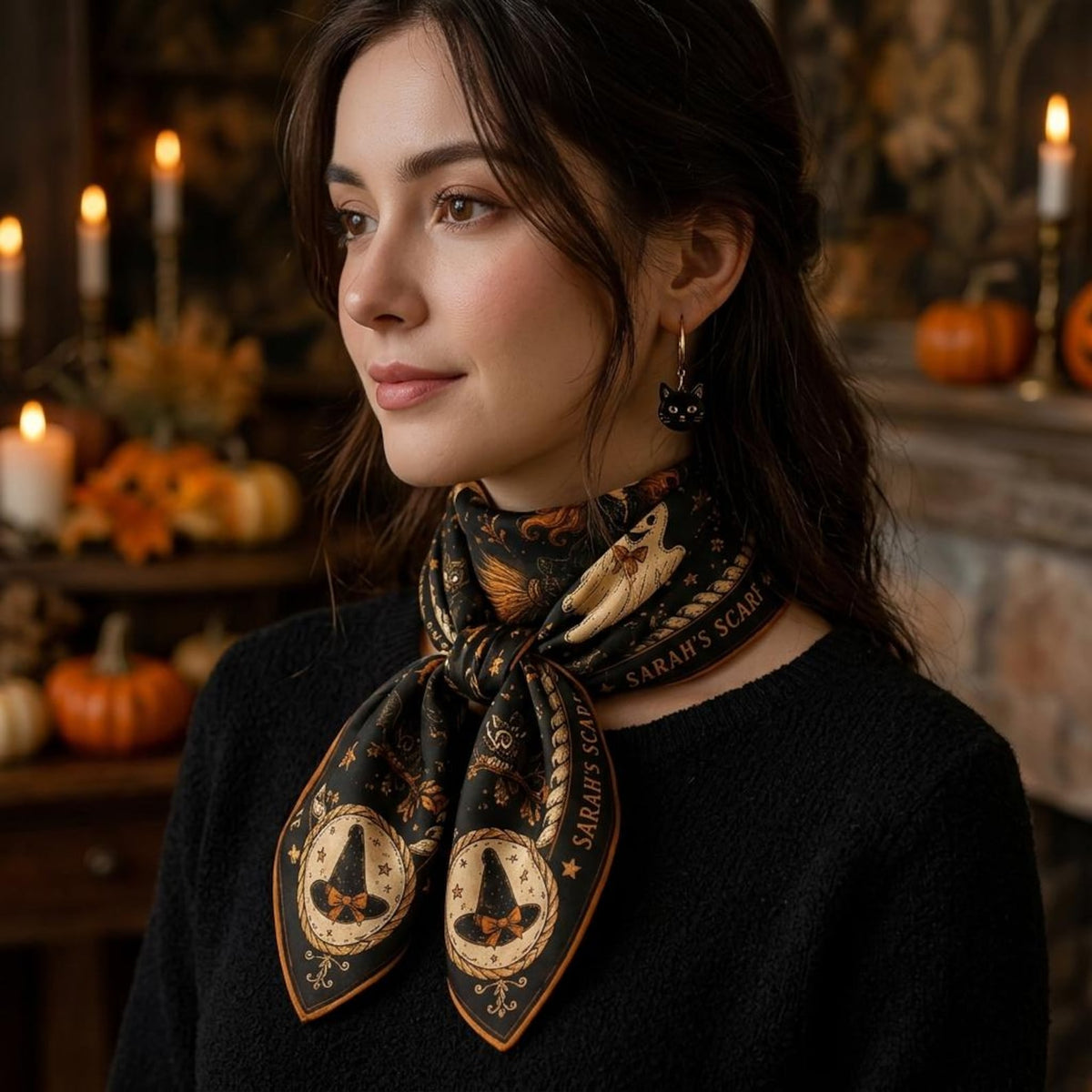 Personalized Halloween Scarf, Custom Name Satin Hair Scarf, Spooky Witch Head Scarf, Cute Pumpkin Hair Accessory, Fall Gift