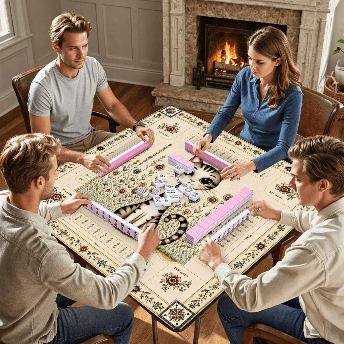 Folk Art Mahjong Mat, Non-Slip Playing Surface with Storage Bag