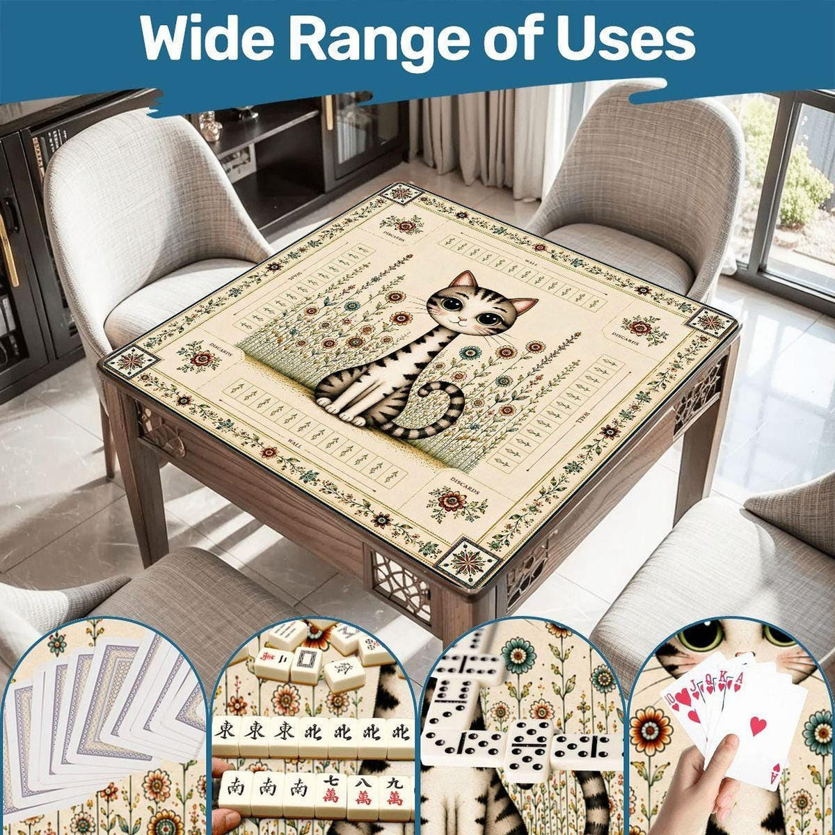 Folk Art Mahjong Mat, Non-Slip Playing Surface with Storage Bag