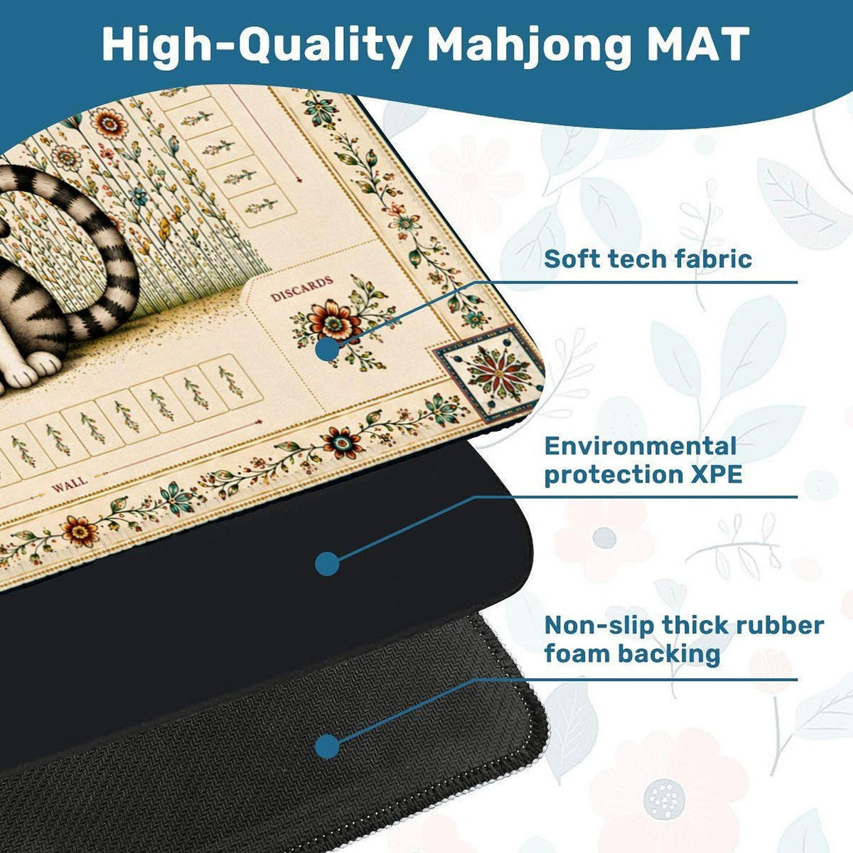 Folk Art Mahjong Mat, Non-Slip Playing Surface with Storage Bag