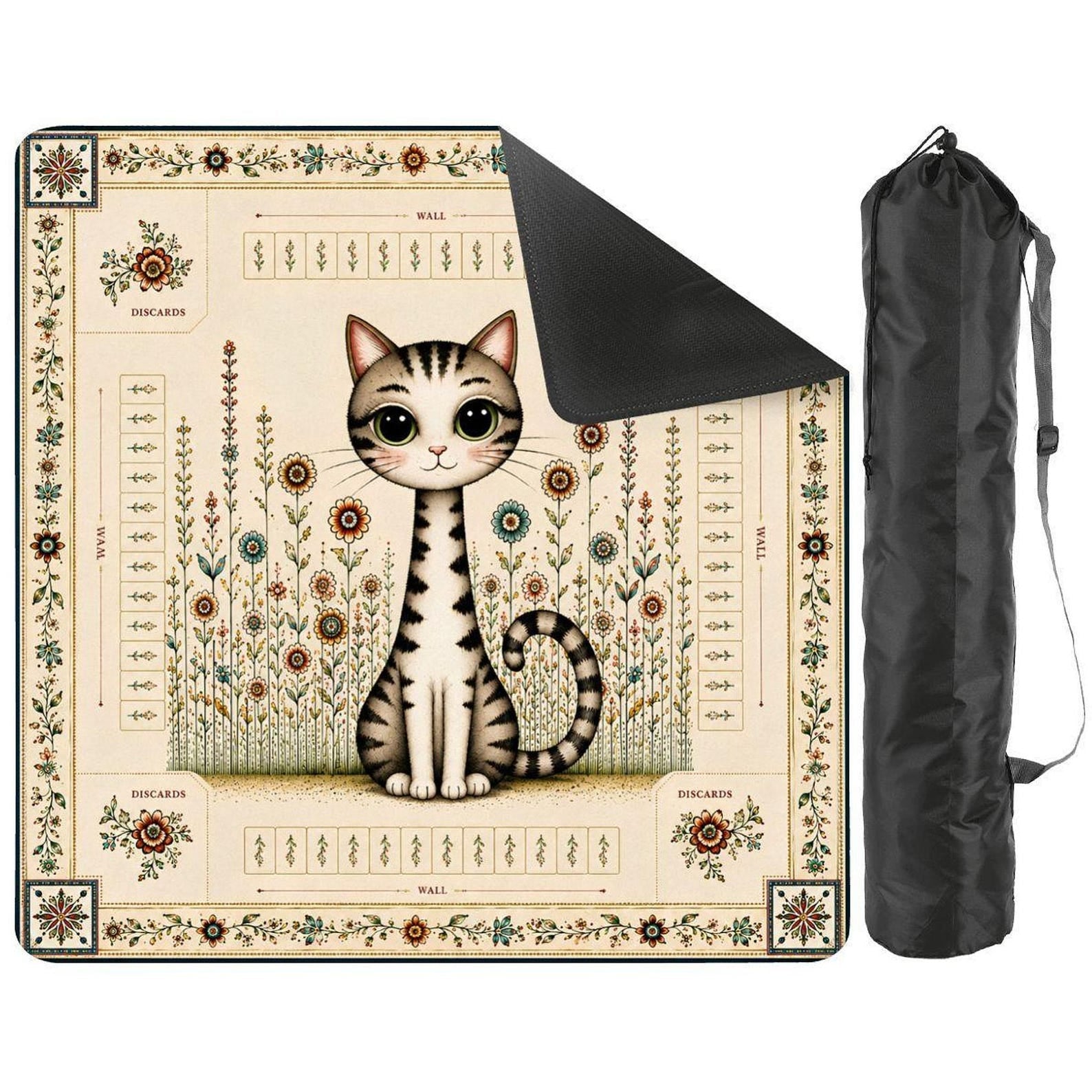 Folk Art Mahjong Mat, Non-Slip Playing Surface with Storage Bag