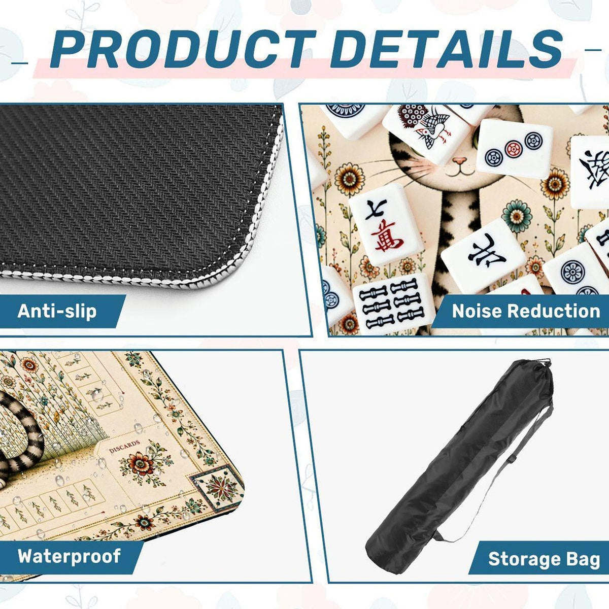 Folk Art Mahjong Mat, Non-Slip Playing Surface with Storage Bag