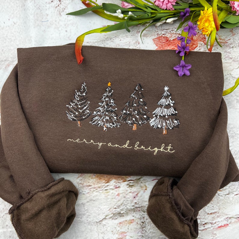 Merry & Bright Christmas Tree Embroidered Crewneck Sweatshirt, 4 Christmas Trees