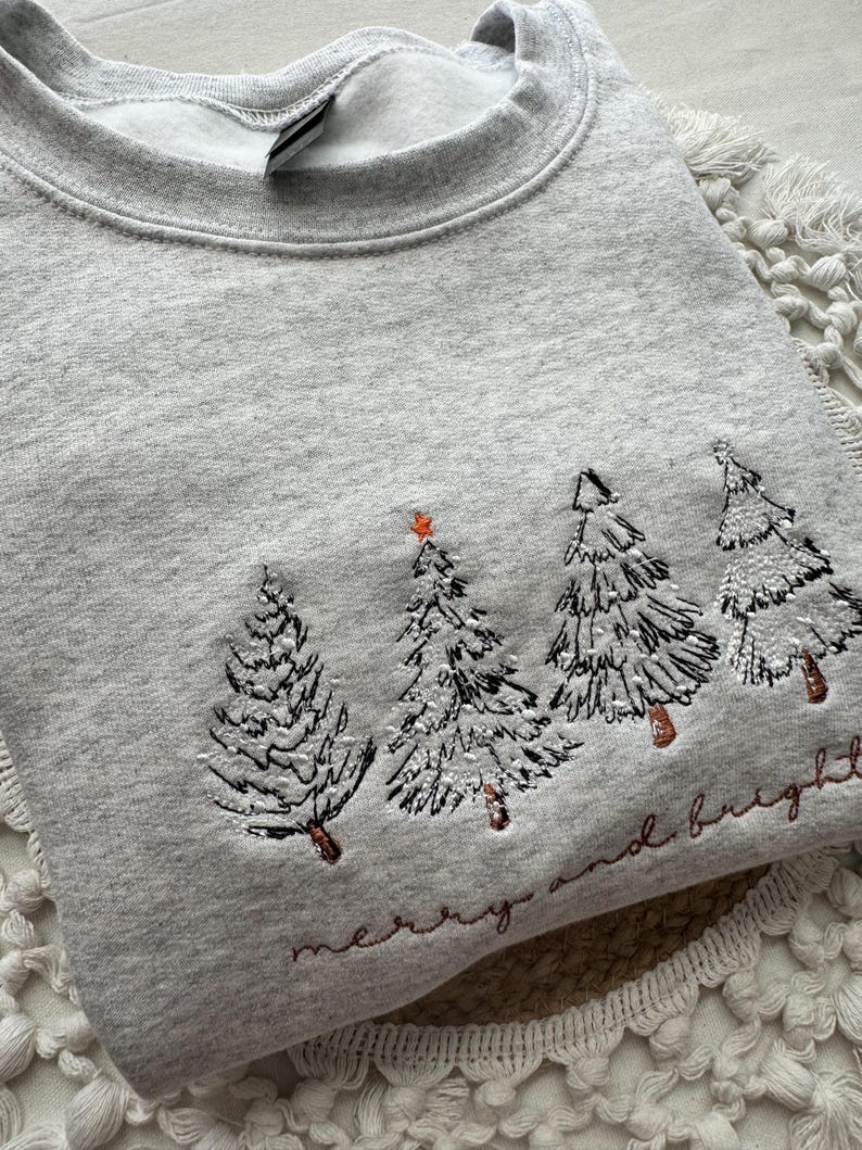Merry & Bright Christmas Tree Embroidered Crewneck Sweatshirt, 4 Christmas Trees