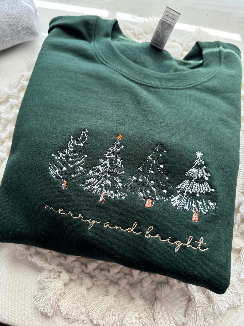 Merry & Bright Christmas Tree Embroidered Crewneck Sweatshirt, 4 Christmas Trees