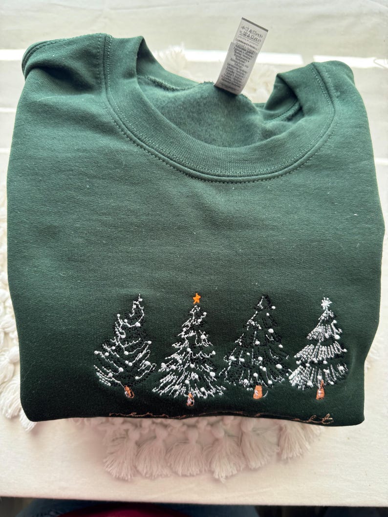 Merry & Bright Christmas Tree Embroidered Crewneck Sweatshirt, 4 Christmas Trees