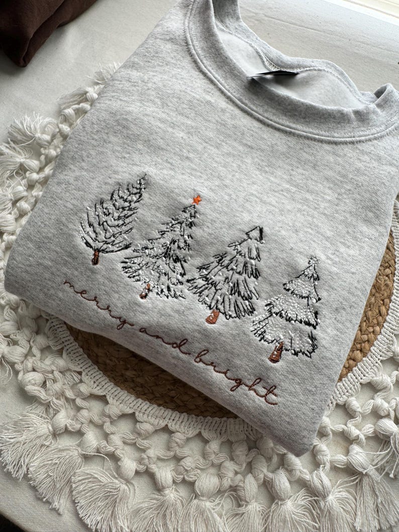 Merry & Bright Christmas Tree Embroidered Crewneck Sweatshirt, 4 Christmas Trees