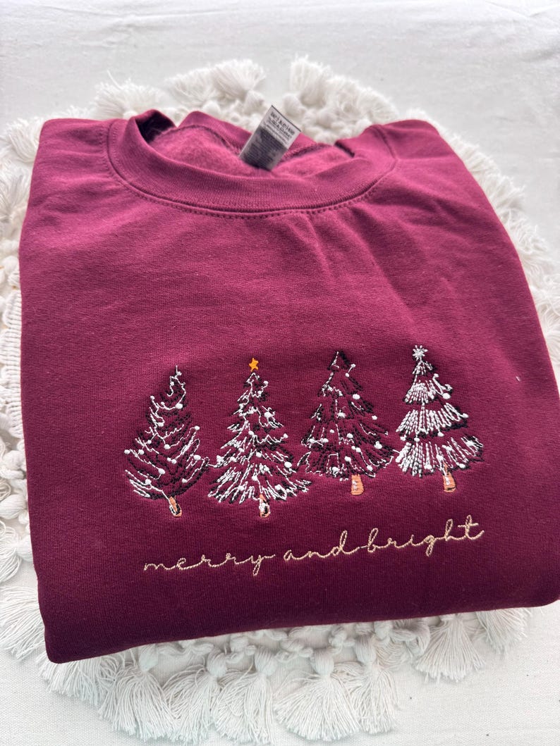 Merry & Bright Christmas Tree Embroidered Crewneck Sweatshirt, 4 Christmas Trees