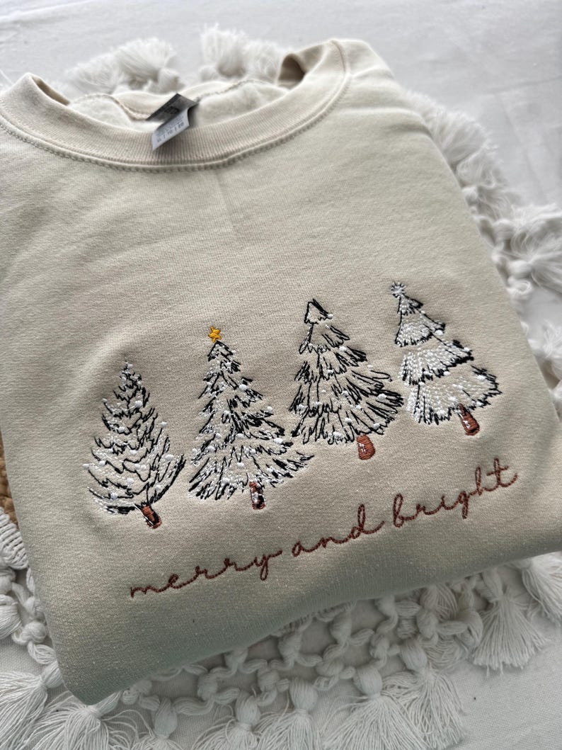 Merry & Bright Christmas Tree Embroidered Crewneck Sweatshirt, 4 Christmas Trees