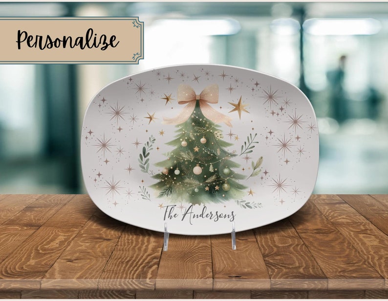 Personalized Christmas Tree Platter, Custom Family Name Oval Serving Tray, Holiday Dinnerware Keepsake