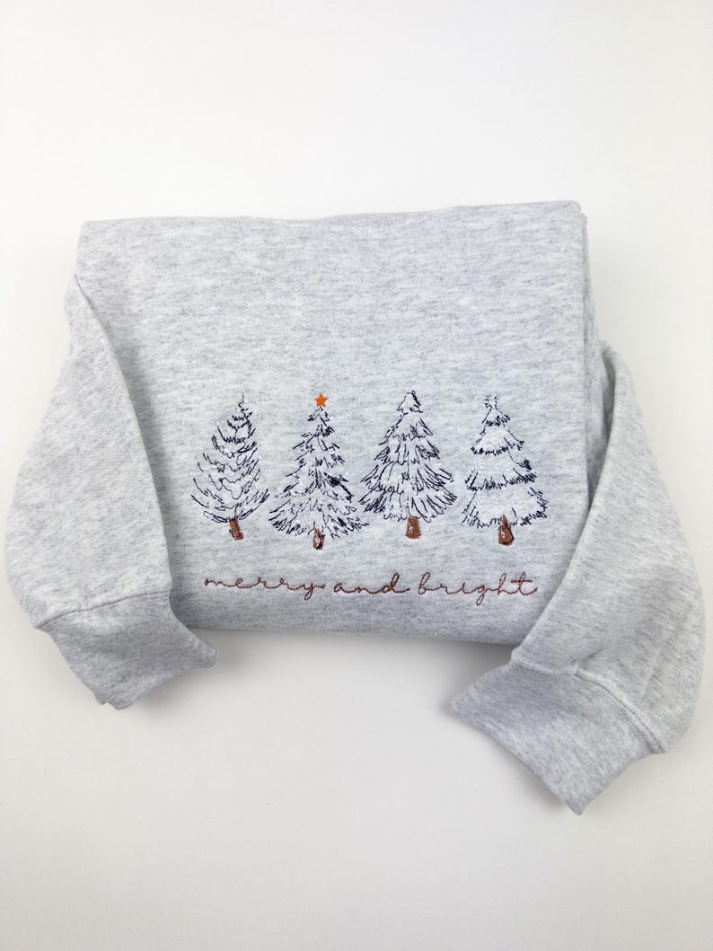 Merry & Bright Christmas Tree Embroidered Crewneck Sweatshirt, 4 Christmas Trees