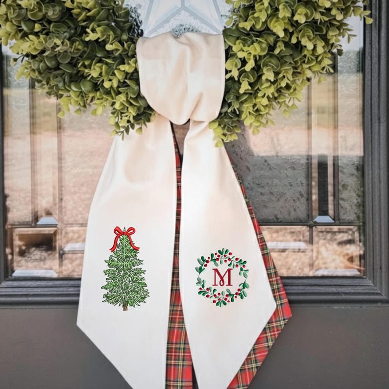 Christmas Bow Tree With Personalized Monogram Letter Embroidered Wreath Sash, Custom Name Winter Embroidery Sash Door Decor