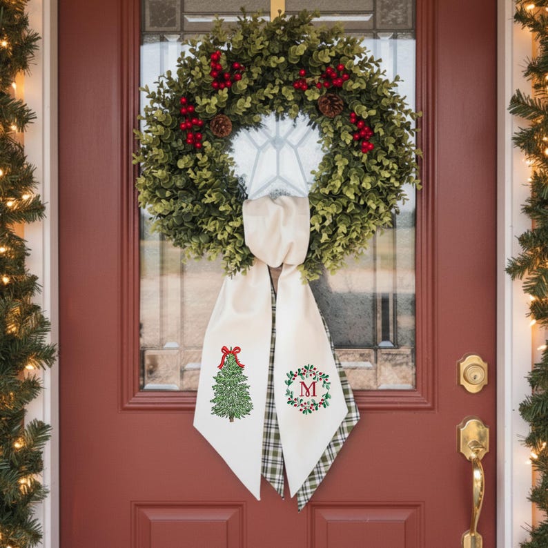 Christmas Bow Tree With Personalized Monogram Letter Embroidered Wreath Sash, Custom Name Winter Embroidery Sash Door Decor
