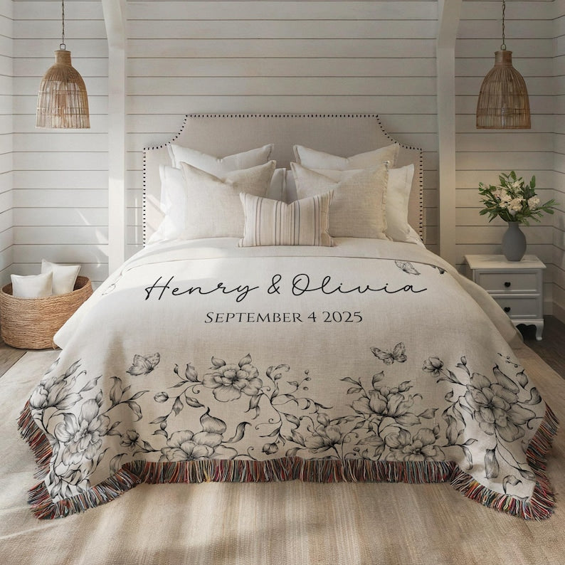 Personalized Wedding Blanket with Names & Date, Anniversary Engagement Throw, Bridal Shower