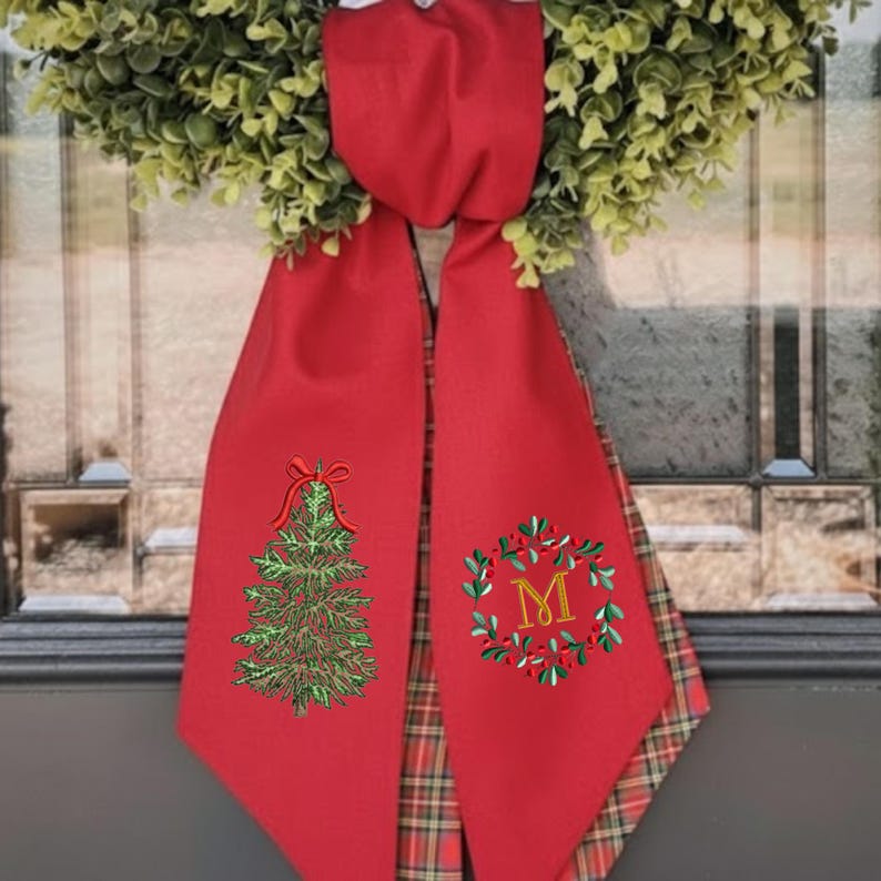 Christmas Bow Tree With Personalized Monogram Letter Embroidered Wreath Sash, Custom Name Winter Embroidery Sash Door Decor