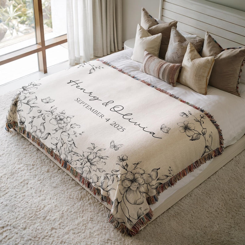 Personalized Wedding Blanket with Names & Date, Anniversary Engagement Throw, Bridal Shower