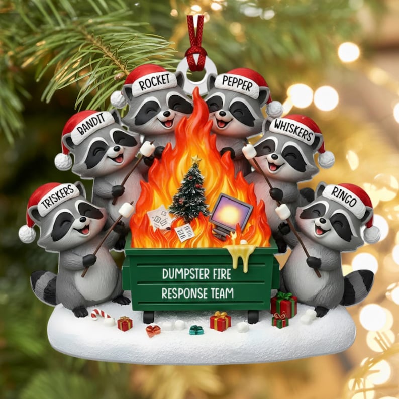 Custom Dumpster Fire Raccoon Ornament, Coworkers Christmas Gift, Dumpster Fire Response Team Keepsake