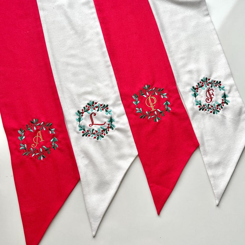 Christmas Bow Tree With Personalized Monogram Letter Embroidered Wreath Sash, Custom Name Winter Embroidery Sash Door Decor