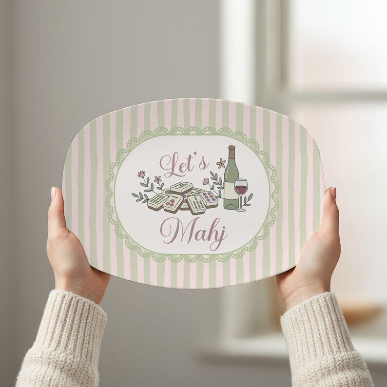Let's Mahj Serving Platter, Custom Wine & Mahjong Tray, Sage Green Stripe Game Night Hostess Gift