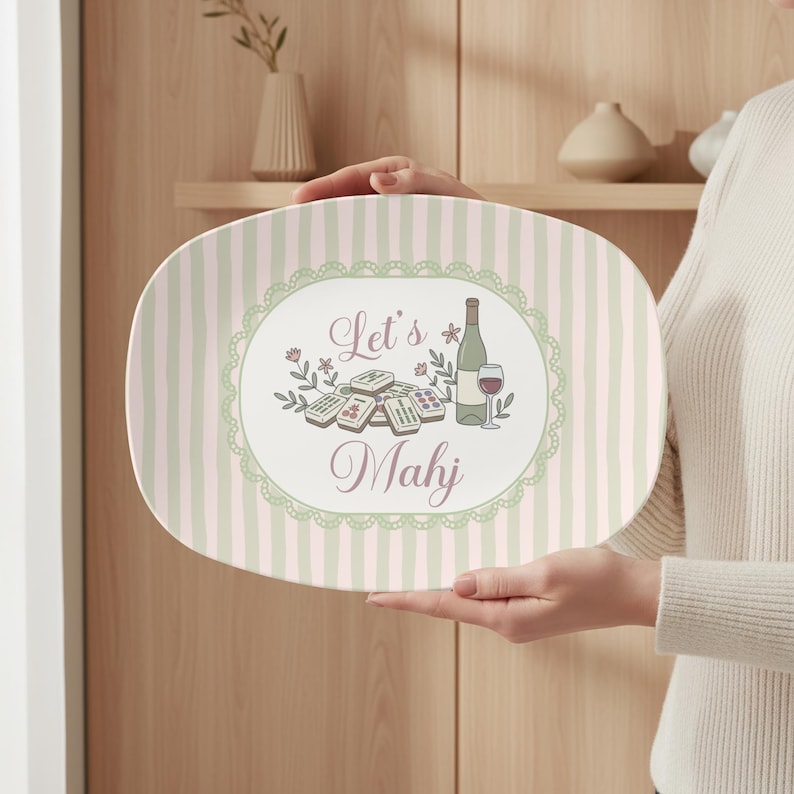 Let's Mahj Serving Platter, Custom Wine & Mahjong Tray, Sage Green Stripe Game Night Hostess Gift