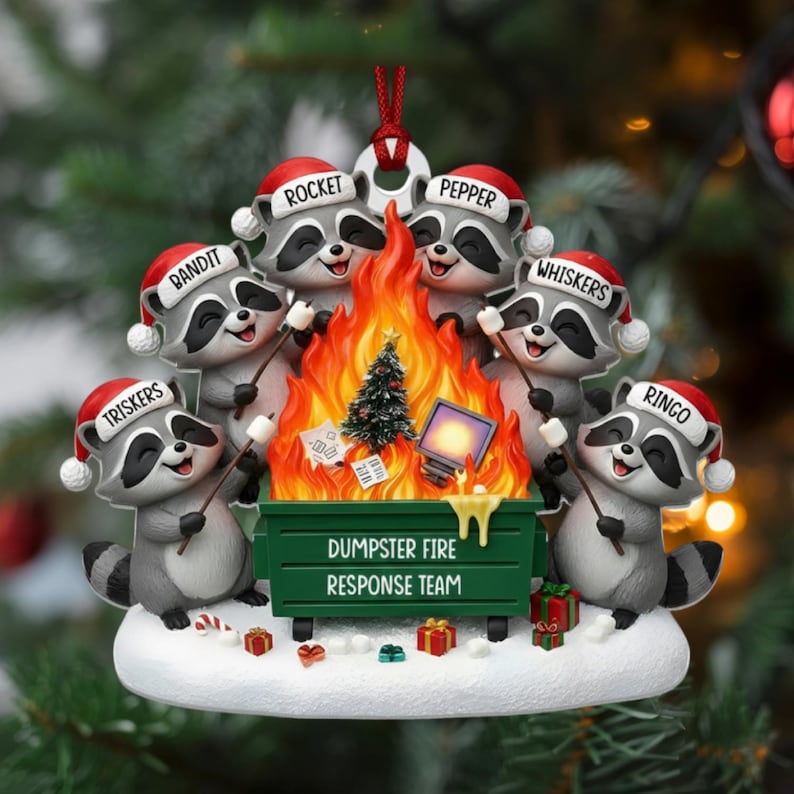 Custom Dumpster Fire Raccoon Ornament, Coworkers Christmas Gift, Dumpster Fire Response Team Keepsake