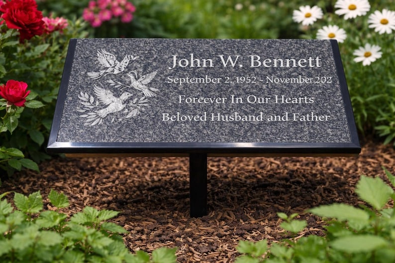 Black Granite Engraved Plaque, Custom Memorial, Recognition & Property Marker with Stand