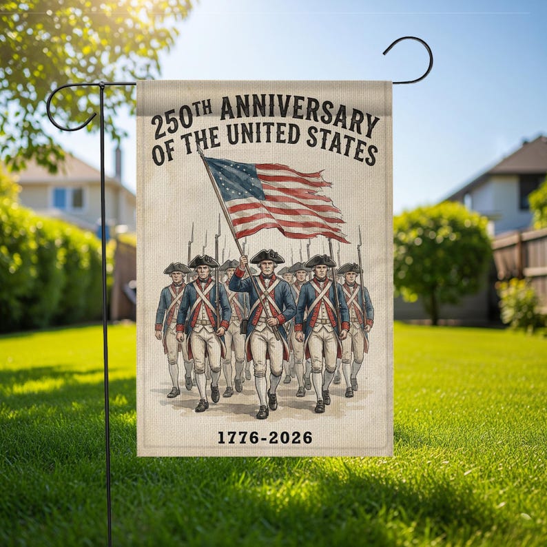 USA 250th Anniversary Garden Flag: Revolutionary War Soldiers, Patriotic 1776-2026 Yard Decor