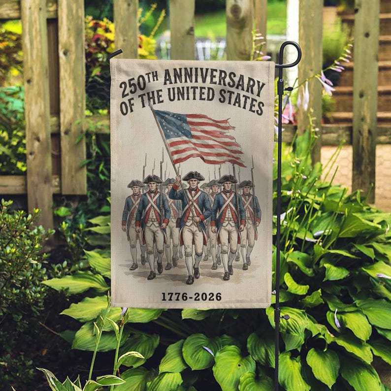 USA 250th Anniversary Garden Flag: Revolutionary War Soldiers, Patriotic 1776-2026 Yard Decor