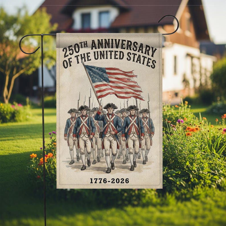 USA 250th Anniversary Garden Flag: Revolutionary War Soldiers, Patriotic 1776-2026 Yard Decor