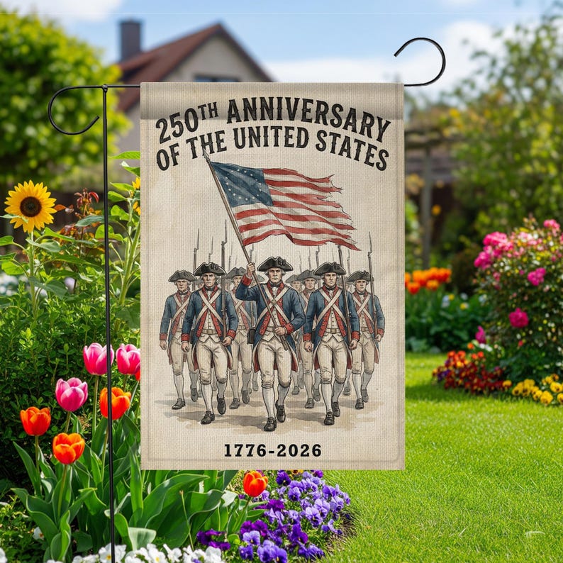 USA 250th Anniversary Garden Flag: Revolutionary War Soldiers, Patriotic 1776-2026 Yard Decor