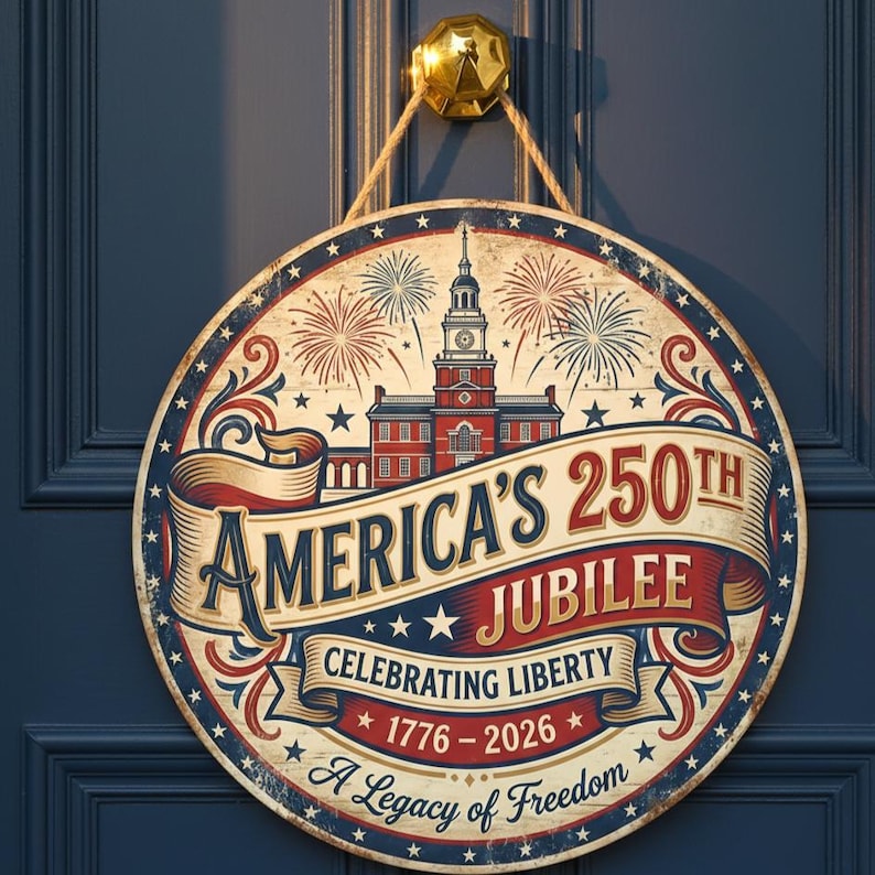 America 250th Anniversary Wood Sign, 1776-2026 Decor, Patriotic Door Hanger, Independence Hall Art, USA Liberty Gift