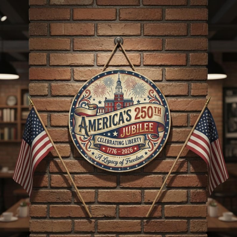 America 250th Anniversary Wood Sign, 1776-2026 Decor, Patriotic Door Hanger, Independence Hall Art, USA Liberty Gift