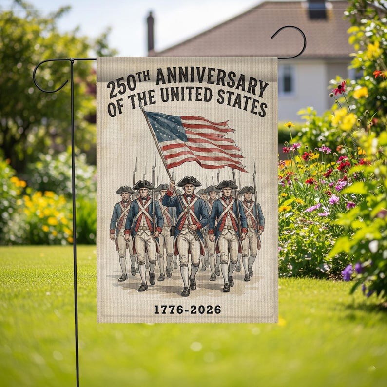 USA 250th Anniversary Garden Flag: Revolutionary War Soldiers, Patriotic 1776-2026 Yard Decor
