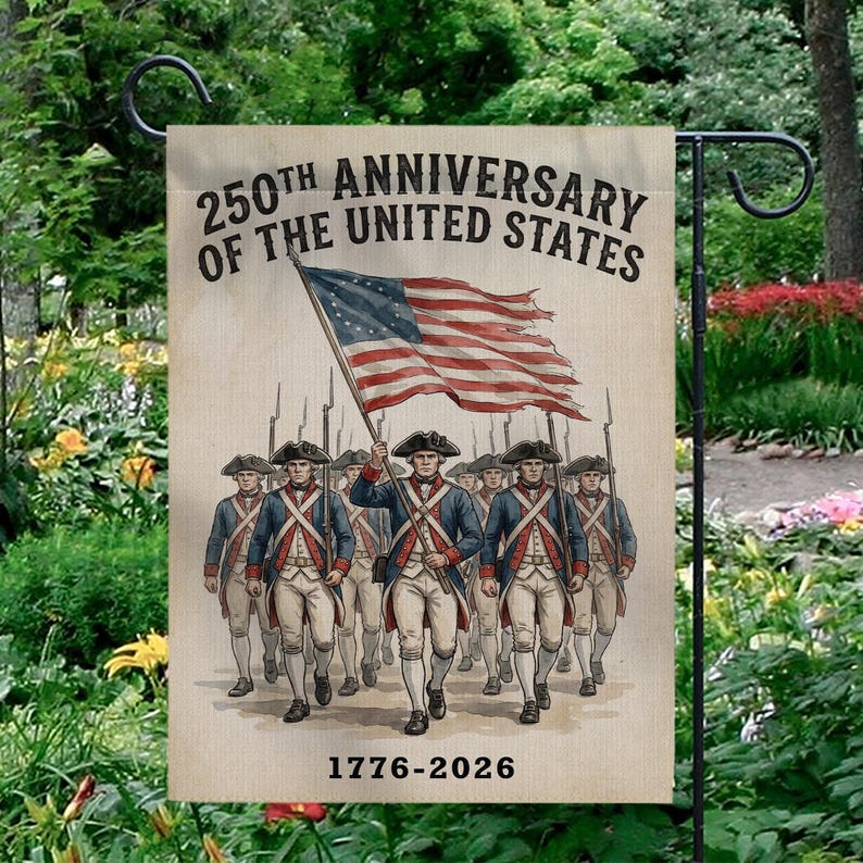USA 250th Anniversary Garden Flag: Revolutionary War Soldiers, Patriotic 1776-2026 Yard Decor