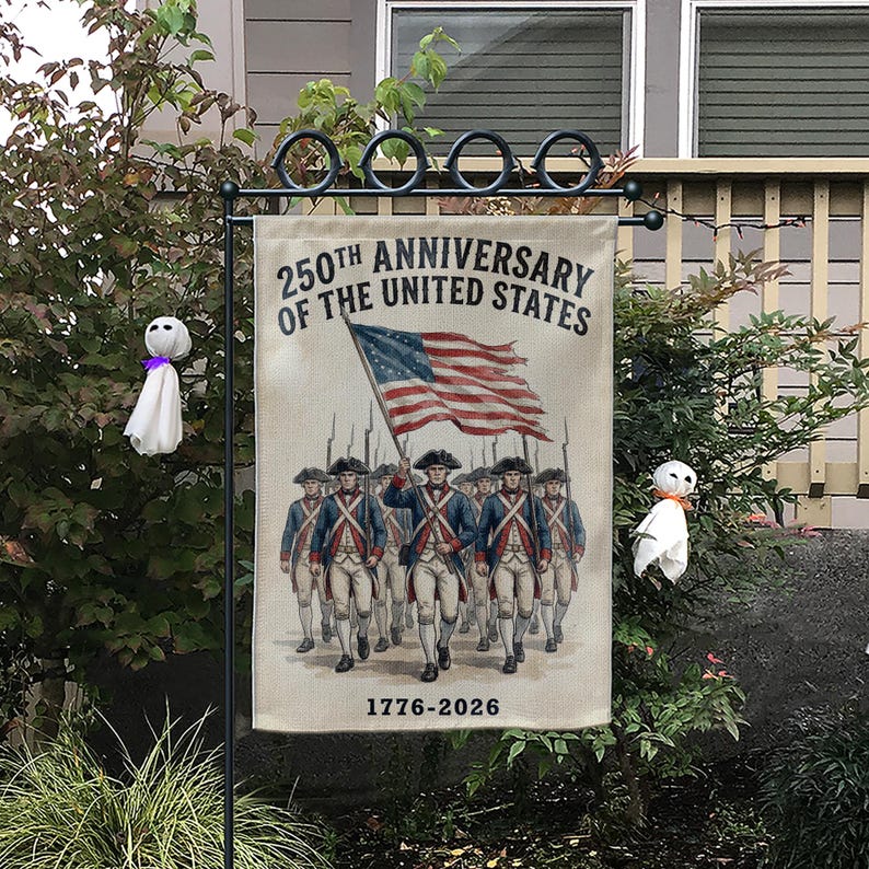 USA 250th Anniversary Garden Flag: Revolutionary War Soldiers, Patriotic 1776-2026 Yard Decor
