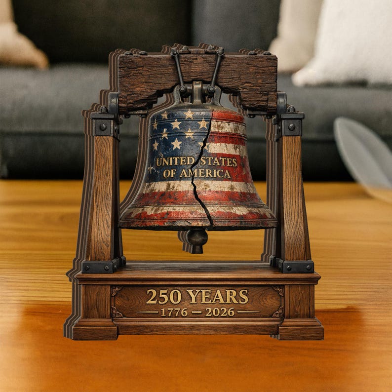 Wooden Block Liberty Bell Table Decor Patriotic Americana Historic