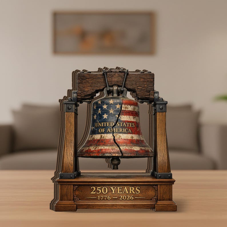 Wooden Block Liberty Bell Table Decor Patriotic Americana Historic