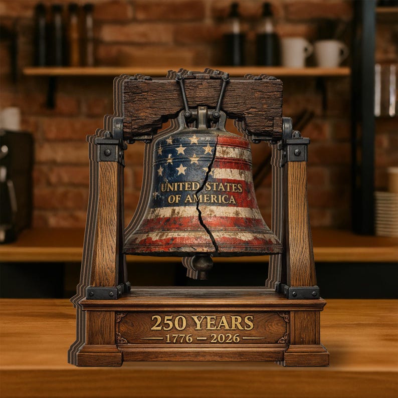 Wooden Block Liberty Bell Table Decor Patriotic Americana Historic