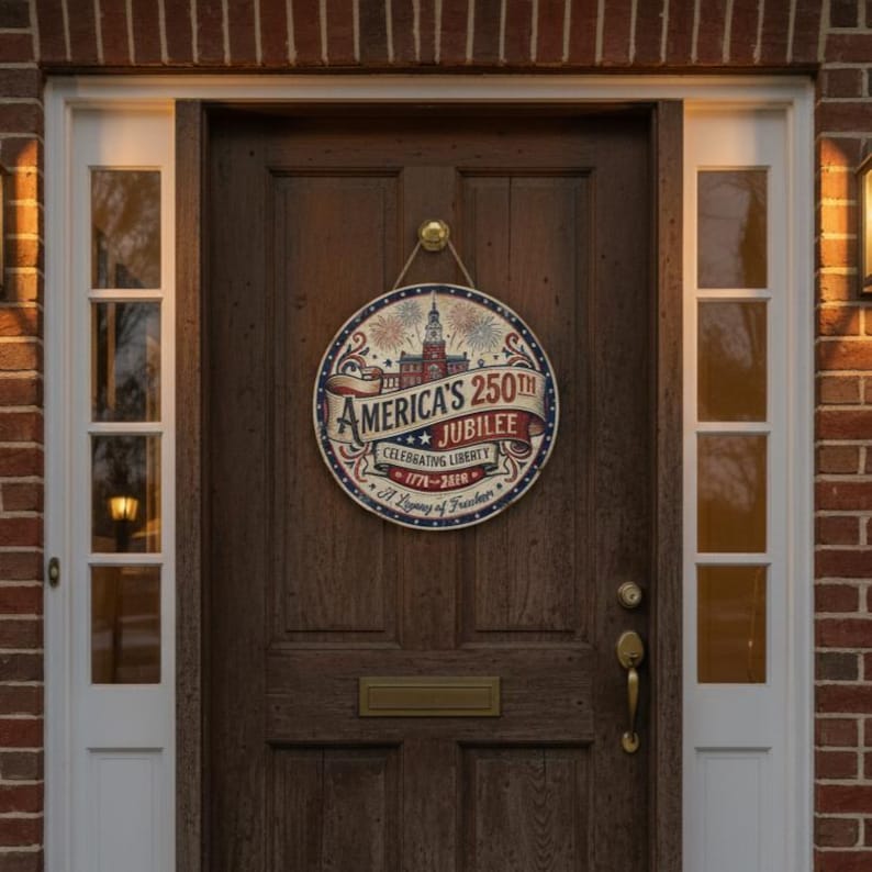 America 250th Anniversary Wood Sign, 1776-2026 Decor, Patriotic Door Hanger, Independence Hall Art, USA Liberty Gift