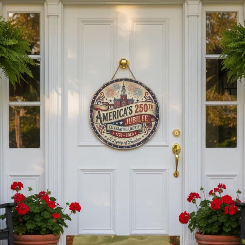 America 250th Anniversary Wood Sign, 1776-2026 Decor, Patriotic Door Hanger, Independence Hall Art, USA Liberty Gift
