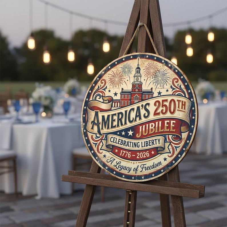 America 250th Anniversary Wood Sign, 1776-2026 Decor, Patriotic Door Hanger, Independence Hall Art, USA Liberty Gift