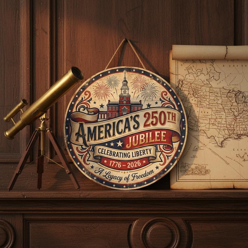 America 250th Anniversary Wood Sign, 1776-2026 Decor, Patriotic Door Hanger, Independence Hall Art, USA Liberty Gift