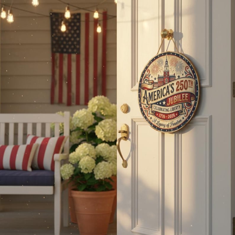America 250th Anniversary Wood Sign, 1776-2026 Decor, Patriotic Door Hanger, Independence Hall Art, USA Liberty Gift