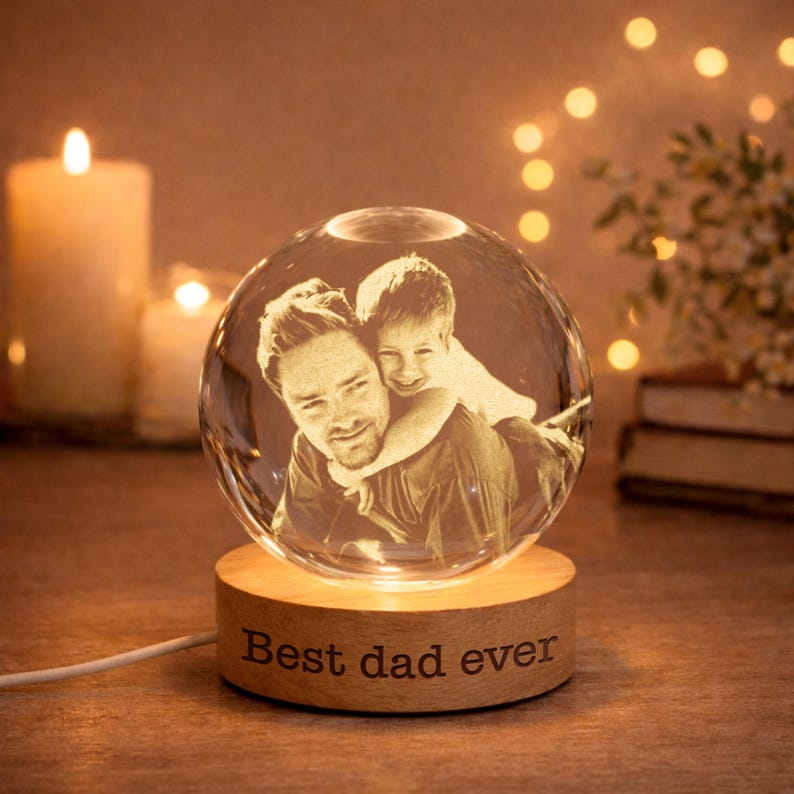 Personalized Photo Crystal Ball LED Night Light, Custom Engraved Picture Dad Night Light